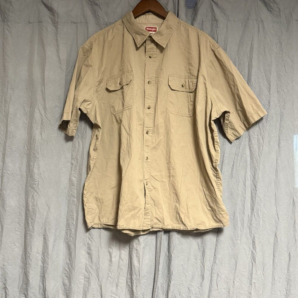 Wrangler Men's Beige Tan Khaki Short Sleeve 100% Cotton Button-Up Shirt 2XL